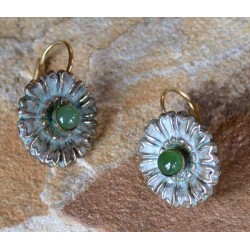 NAW2661e White Patina Solid Brass Small Zinnia Floral Earrings - Nephrite Jade